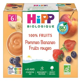 Hipp Bio 100% Frutta Vasetto Mela Banana Frutti Rossi 6M+ 4 x 100 gr