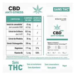 GRANIONS CBD Anti-Stress - Cannabidiol + Ashwagandha - Sans THC - 30 Comprimés