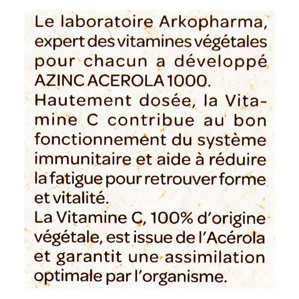 Arkopharma Azinc Natural Acerola 1000 Lot of 2 x 30 tablets