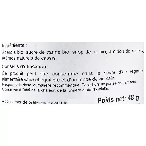Valebio Acérola 1000mg Comprimés à Croquer Goût Cassis Bio 30 comprimés