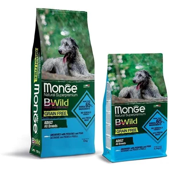 Monge B Wild Grain Free Acciughe Patate Piselli Cibo Secco Per Cani Adulti Sacco 2,5 Kg