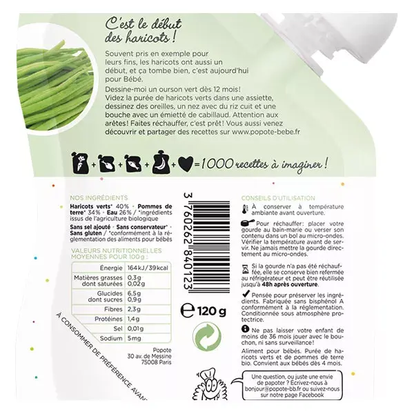 Popote Les Légumes Gourde Haricot Vert +4m Bio 120g