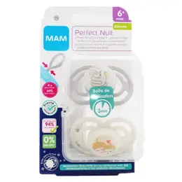 MAM Perfect Nuit Sucette Silicone Lapins Glands +6m Lot de 2 + Boîte de Stérilisation