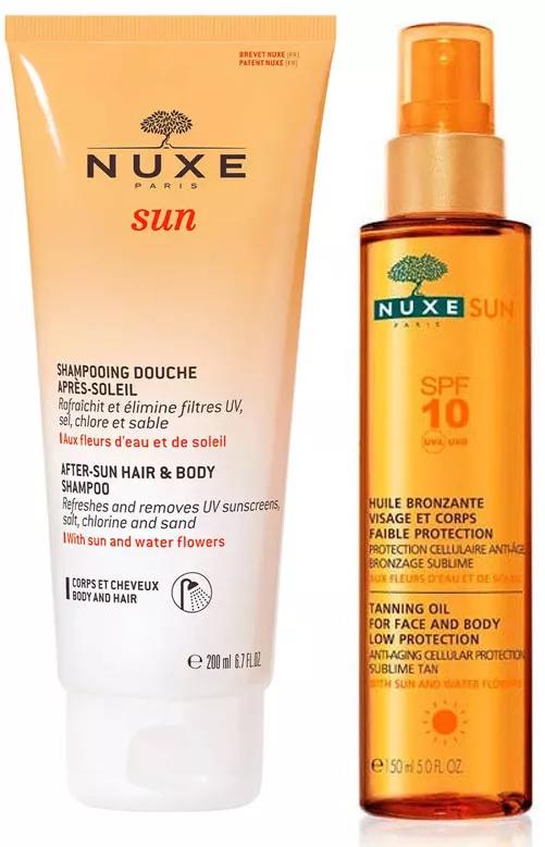 Nuxe Sun Gel-Champú Aftersun 200 ml + Aceite Bronceador SPF10 Spray 150 ml