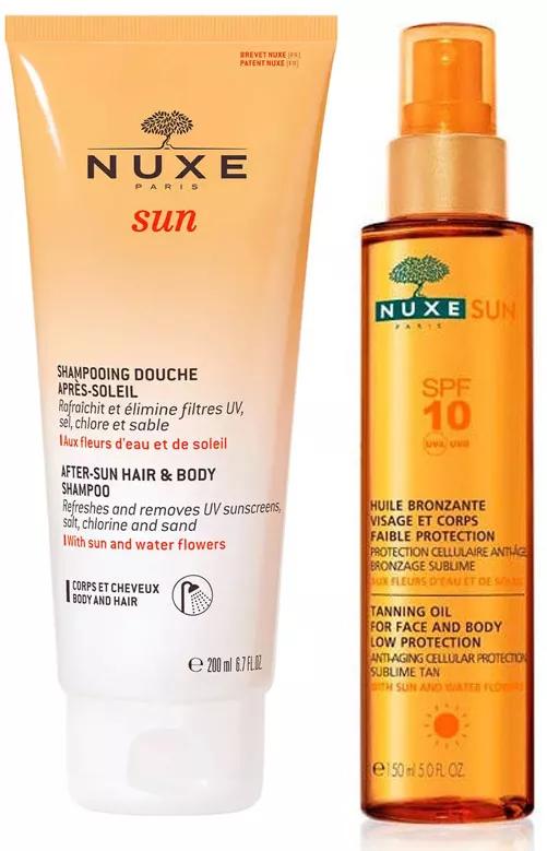Pack Nuxe Sun Gel-Shampoo Aftersun 200 ml und Bräunungsöl SPF10 Spray 150 ml