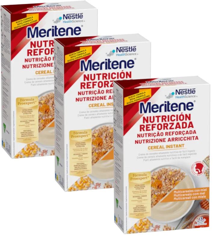 Céréales multigrains instantanées Meritene à valeur nutritionnelle renforcée avec miel 3 x 520 g