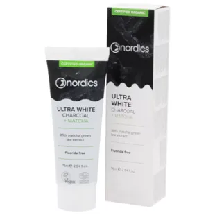 Nordics Ultra White Charcoal und Matcha Zahnpasta ohne Fluorid 75 ml