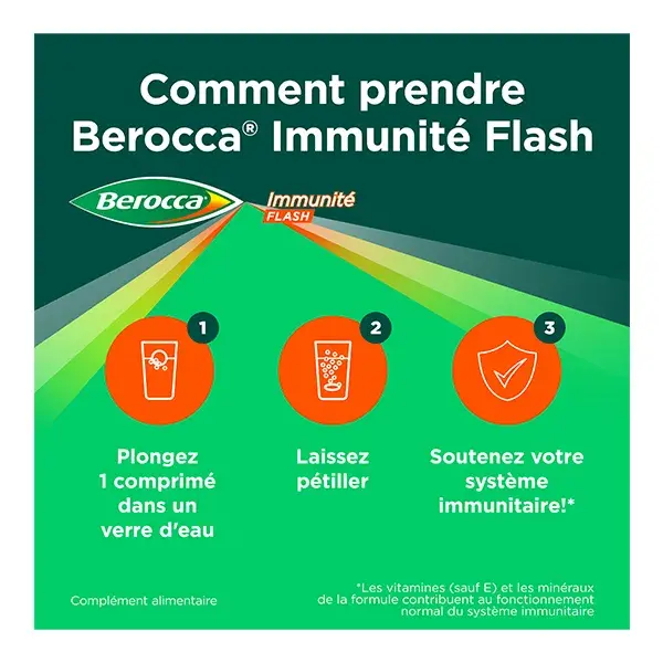 Berocca Immunité Flash Vitamine D et C Zinc Fer 30 comprimés effervescents