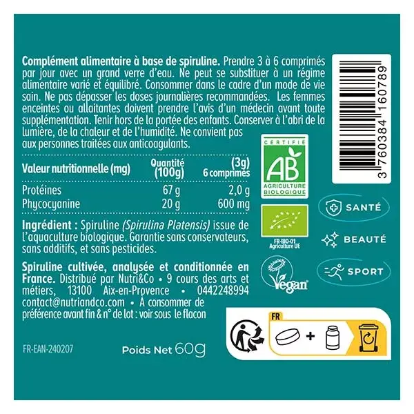 Nutri&Co Spiruline BIO 100% Française Cultivée en Provence 120 comprimés Vegan