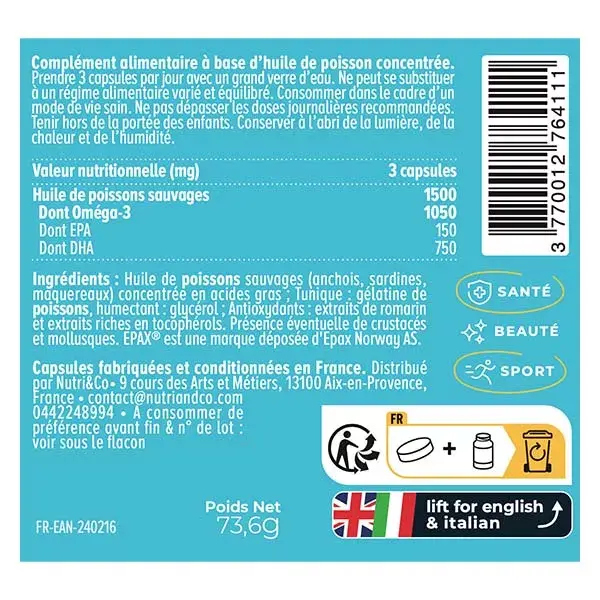 Nutri&Co Omega3 Huile de Poissons Sauvages EPAX® Haute Concentration 120 gélules