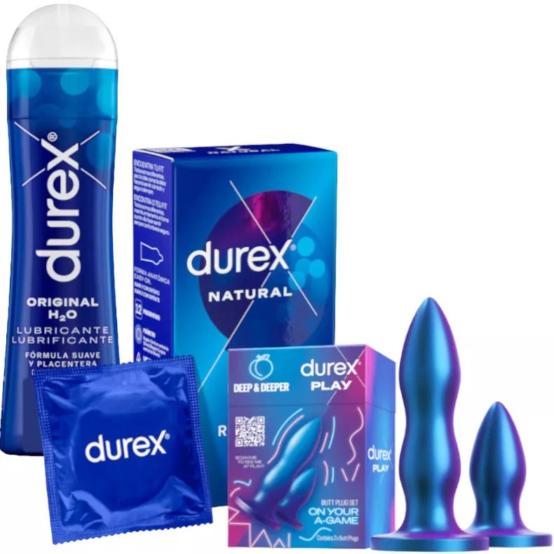 Durex Conjunto de plugues anais DEEP & DEEPER + Lubrificante Íntimo Original 50 ml + Natural Plus Easy On Preservativo 12 unidades