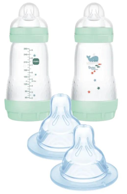 MAM Easy Start Anti-Kolik-Flasche mittlerer Durchfluss hellblau 2–4 Monate 2 x 260 + 1 Sauger mit langsamem Durchfluss + 0 Monate 2 Stück