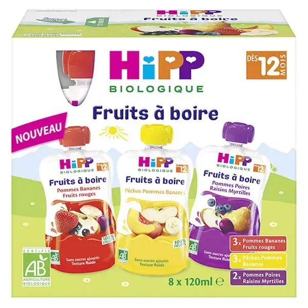 Hipp Bio Fruits à Boire Gourde Multipack 3 Variétés +12m Lot de 8 x 120ml