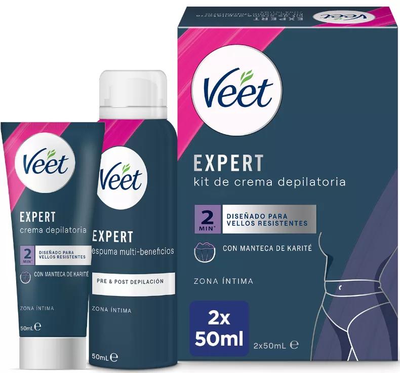 Veet Expert Kit de Depilación Zona Íntima Crema Depilatoria 50 ml + Espuma Multi-Beneficios 50 ml