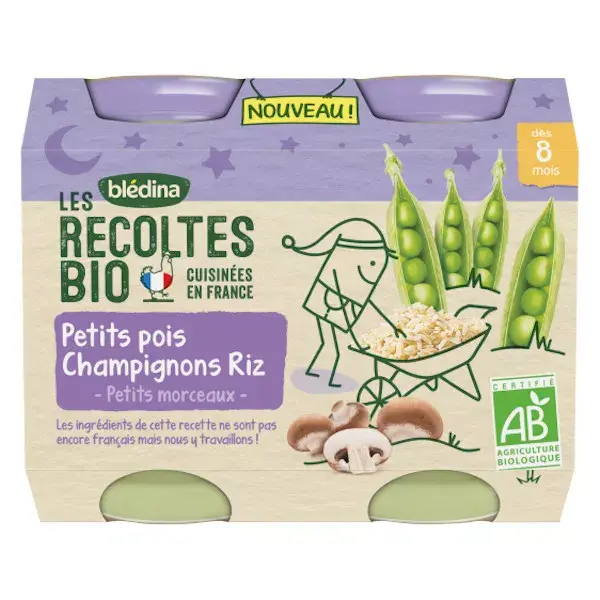 Blédina Les Récoltes Bio Pot Petits Pois Champignons Riz +8m 2 x 200g