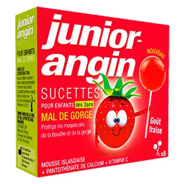 Junior Angin Mal de Gorge Arôme Fraise 8 sucettes
