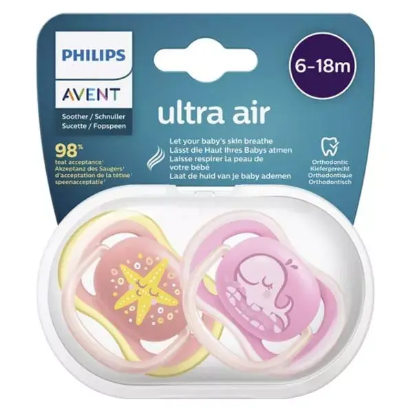Avent Symmetrical Ultra Air Pacifier +6m Animal Pink Orange Pack of 2