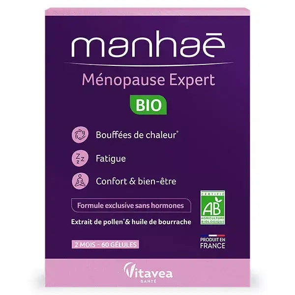Manhaé - Ménopause Expert BIO - Bouffées de chaleur, fatigue- Pollen BIO - 60 gélules - 2 mois