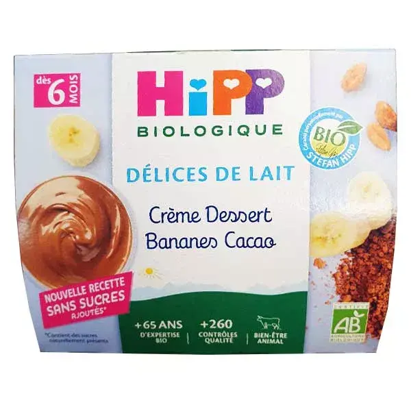 Hipp Bio Délices de Lait Coupelle Crème Dessert Banane Cacao +6m 4 x 100g