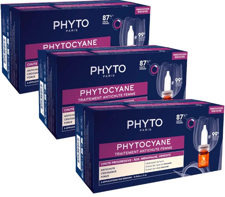 Phyto Phytocyane, traitement antichute pour femme, chute de cheveux progressive, 3 x 12 ampoules