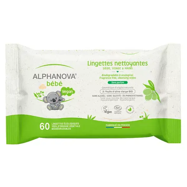 Alphanova Bebé Toallitas Aceite de Oliva y Aloe sin Perfume Biodegradable Bio 60 unités
