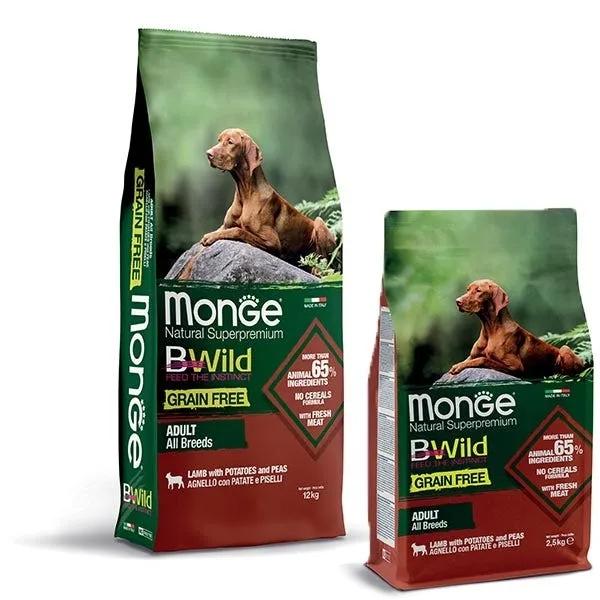 Monge Superpremium Bwild Grain Free Adult All Breeds Con Agnello, Patate E Piselli Cibo Per Cani 2,5Kg