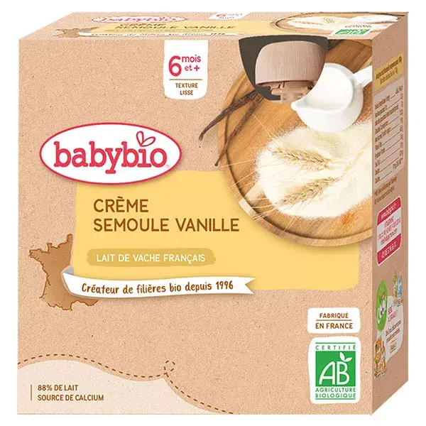 Babybio Desserts Lactés Gourde Crème Semoule Vanille +6m Bio 4 x 85g