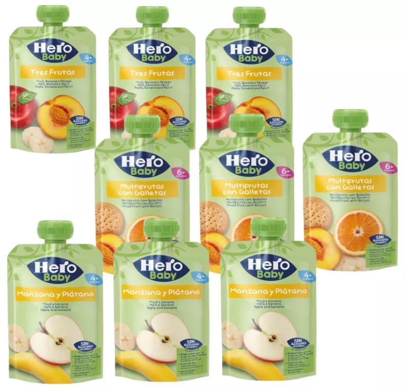 Hero Baby Appel- en Bananenzakjes 3x100g + Drie Vruchten 3x100gr + Multifruits met Koekje 3x100gr +4m