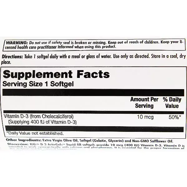 Kal Vitamin D3 10 mcg 100 capsules