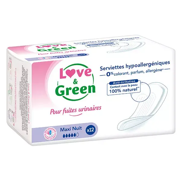 Love & Green Serviettes pour Fuites Urinaires Maxi Nuit 12 unités