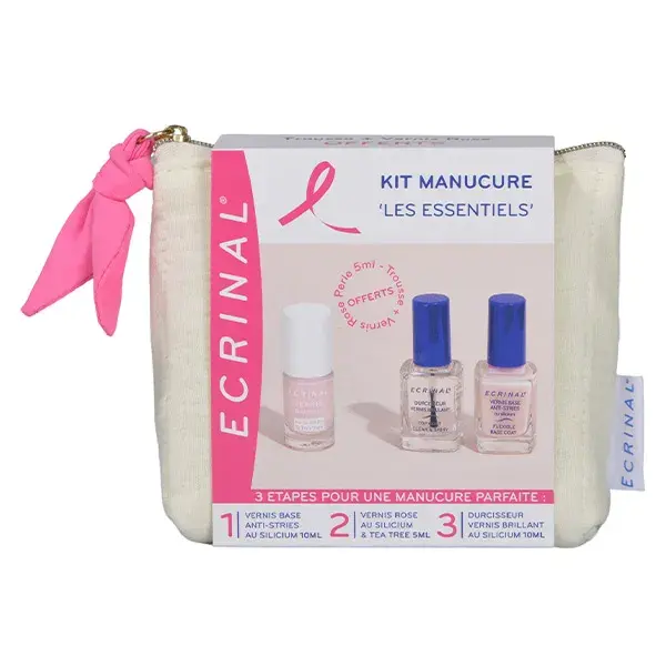 Ecrinal Kit Manucure 1 Trousse Smalto Base Anti-Striature 10ml + Smalto Rosa 5ml + Indurente 10ml