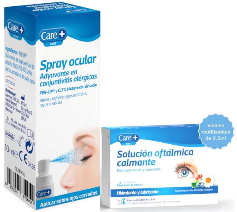 Care+ Solution Ophtalmique Apaisante 10 Flacons + Spray Oculaire Adjuvant pour Conjonctivite Allergique 10 ml