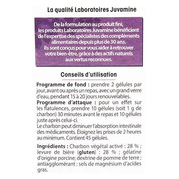 Juvamine Gaz Intestinaux Charbon Levure 45 gélules