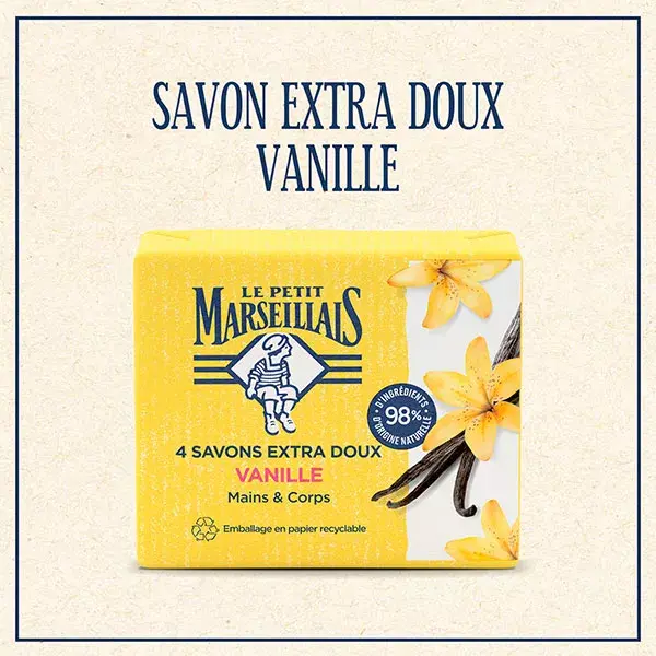 Le Petit Marseillais Savon Extra Doux Vanille Lot de 4 x 100g
