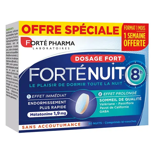 Forté Pharma FortéNuit Sommeil 8h Mélatonine 1900 Valériane GABA 30 comprimés