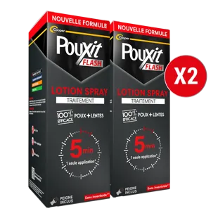 Pouxit Flash Lotion spray Trattamento anti-pidocchi e lendini Agisce in 5 minuti Confezione da 2 x 150 ml