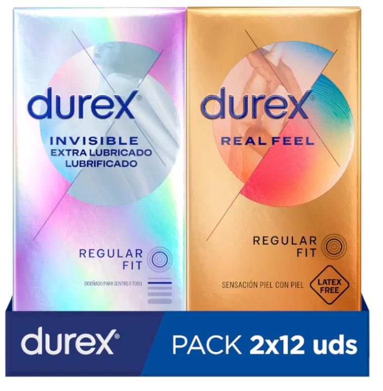 Durex Préservatifs Invisible Extra Fins Extra Lubrifiés 12 unités + Préservatifs Real Feel 12 unités