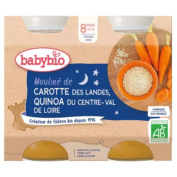 Babybio Repas Soir Pot Mouliné Carotte Quinoa +8m Bio 2 x 200g