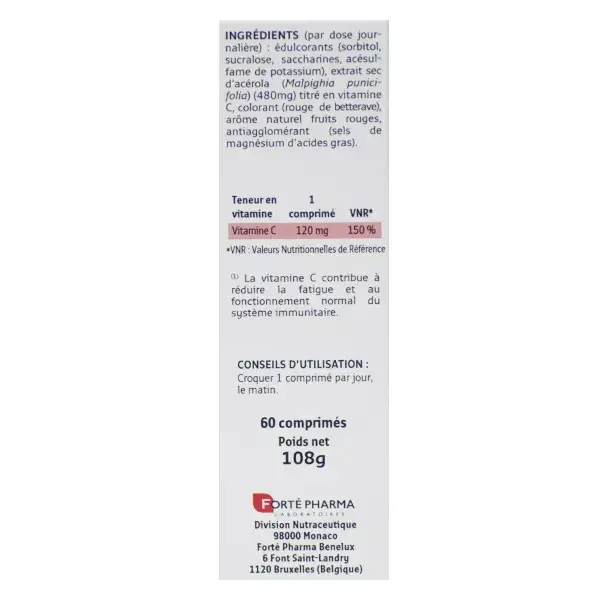 Forté Pharma Acérola Vitamine C 60 Comprimés à Croquer Format 2 mois Fatigue