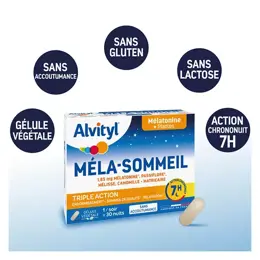 Alvityl Méla-Sommeil Mélatonine + 3 plantes + vitamine B6 dès 18 ans 30 gélules