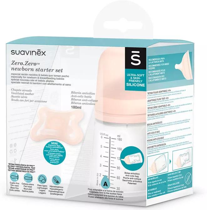Suavinex ZeroZero Newborn-set met aanpasbare drinkfles van 180 ml + fopspeen