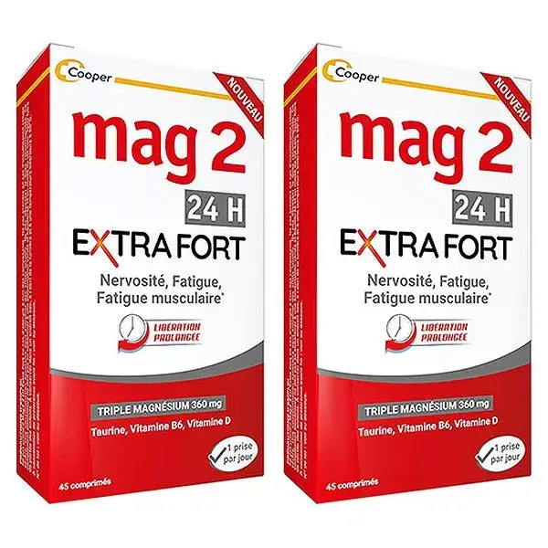 MAG 2 24H Extra Fort Magnésium Vitamine B6 Fatigue Lot de 2 x 45 comprimés