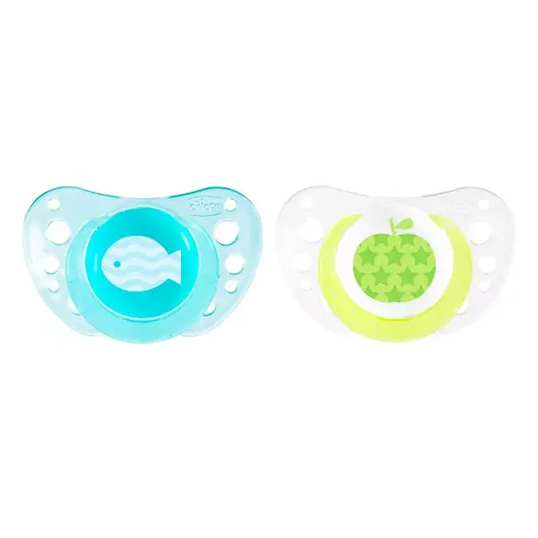 Chicco Physio Forma Air Silicone 6-16m Pack of 2 + Sterilisation Box Apple Fish