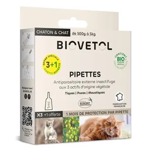 Biovetol - Antiparassitario - Pipette biologiche per gatti/gattini - 1 ml (x3 + 1 omaggio)