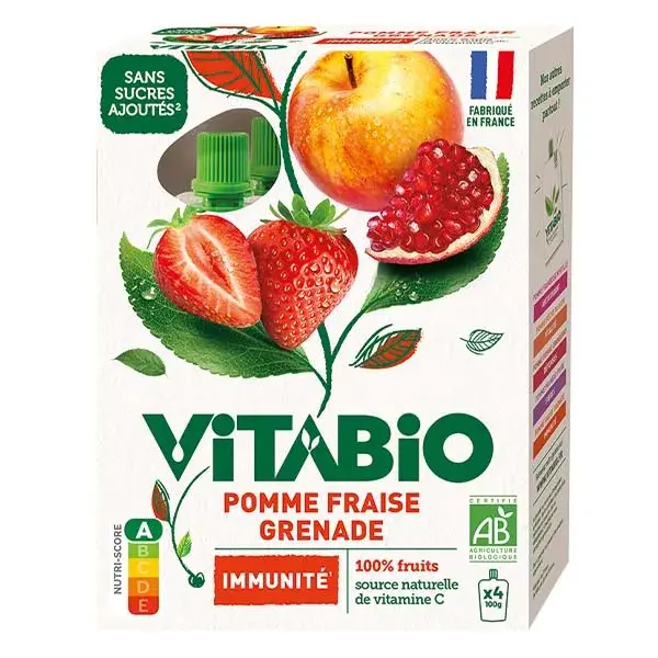 Vitabio Gourdes Pomme Fraise Grenade - IMMUNITÉ - BIO - 4x100g