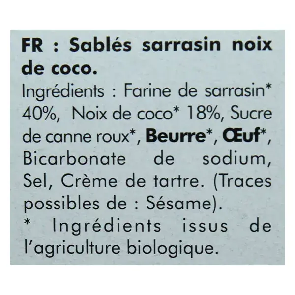 Atelier Sarrasin Sablés Nuez de Coco Bio Sin Gluten 130 g