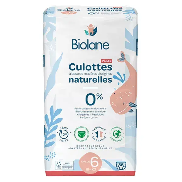 Biolane - Couches Culottes Naturelles Taille 6 - 12H - Zéro fuite - 36 unités