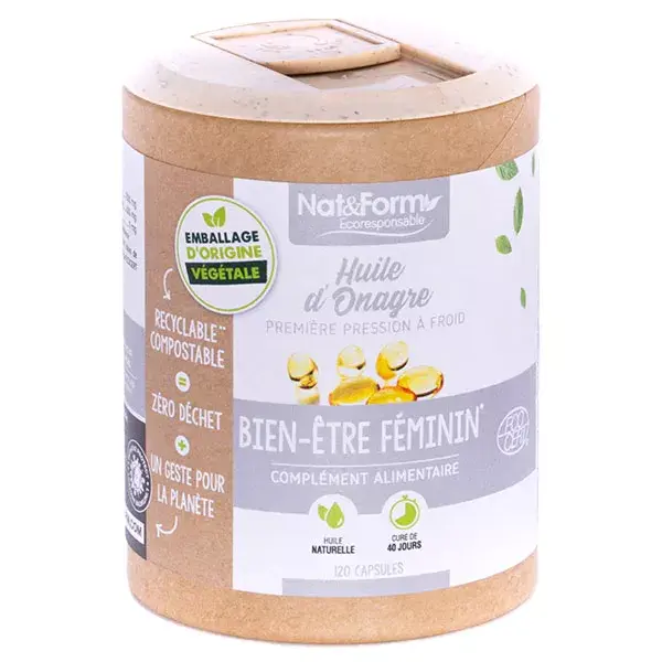 Nat & Form Eco Responsable Olio di Enotera Bio + Vitamina E Integratore Alimentare 120 capsule