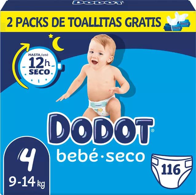 Dodot Bebé Seco Pañales Talla 4, 9-14kg 116 uds + GRATIS 2 Paquetes Toallitas