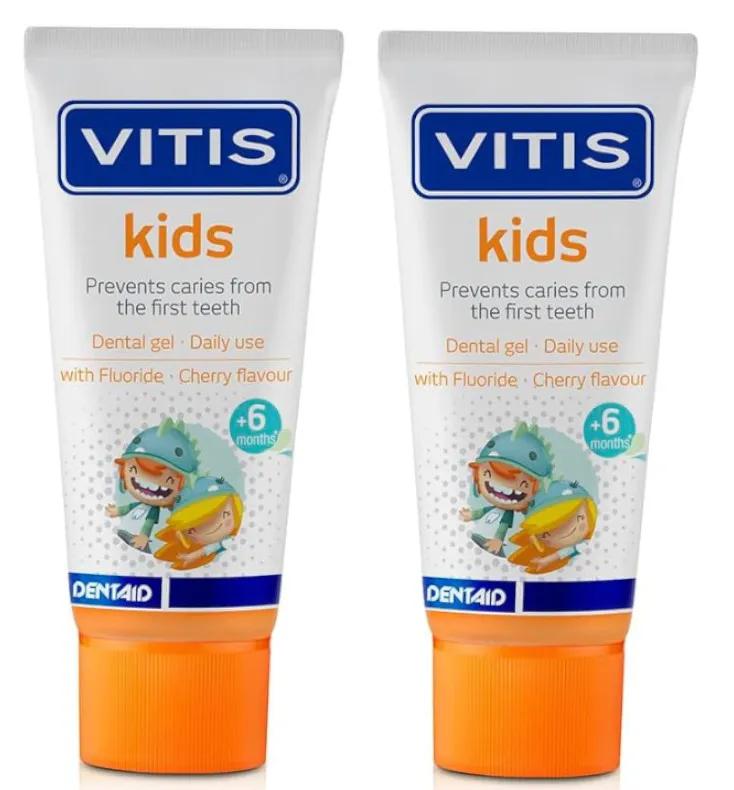 Dentifrice Vitis Kids Gel Goût Cerise +6m 2x50 ml